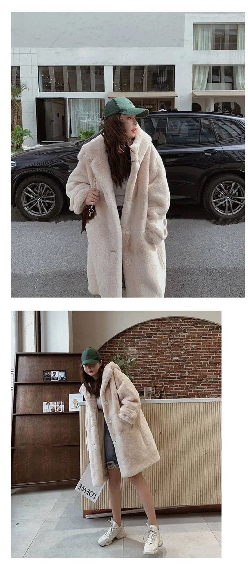 Fashion-forward women's faux fur winter coat featuring a stylish fur trim hood, ideal for both warmth and chic appeal.