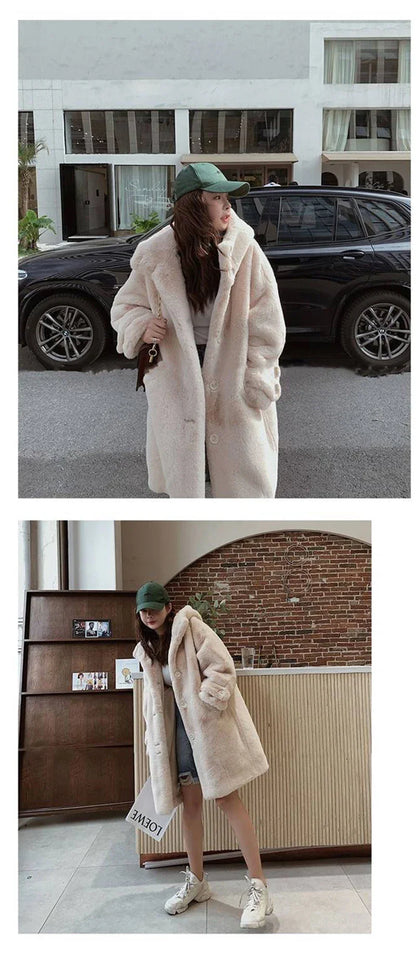 Fashion-forward women's faux fur winter coat featuring a stylish fur trim hood, ideal for both warmth and chic appeal.