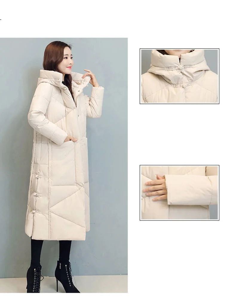 Sophisticated women's thick cotton padded hooded jacket, showcasing a luxurious windproof design, perfect for winter wear.