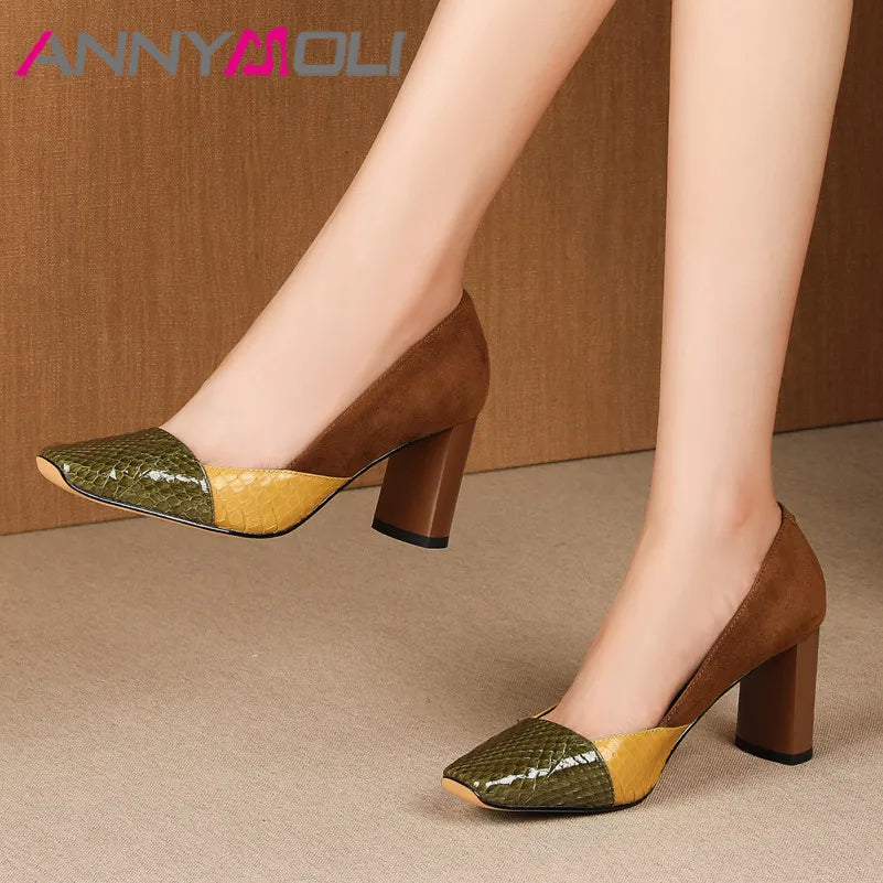 Elegant ANNYMOLI Women's High Heels Pumps, handcrafted from genuine leather, featuring a square toe and thick heel, ideal for luxury parties and special occasions.