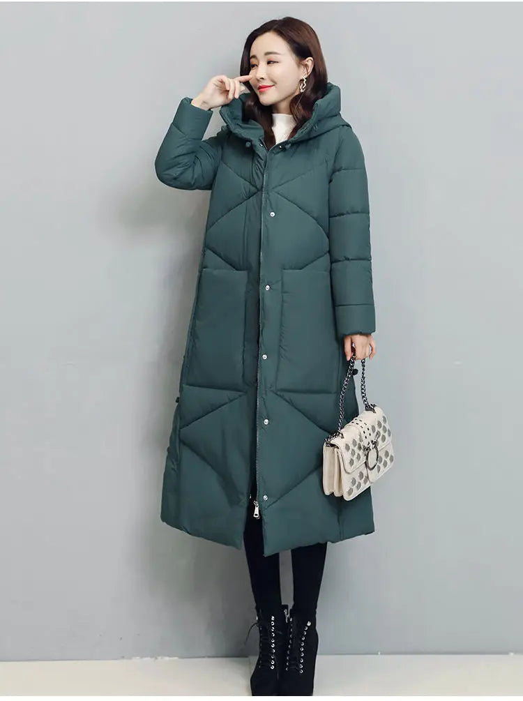 Luxurious image of a women's hooded jacket, crafted from breathable cotton, highlighting its chic solid pattern and padded warmth, ideal for fashionable winter looks.