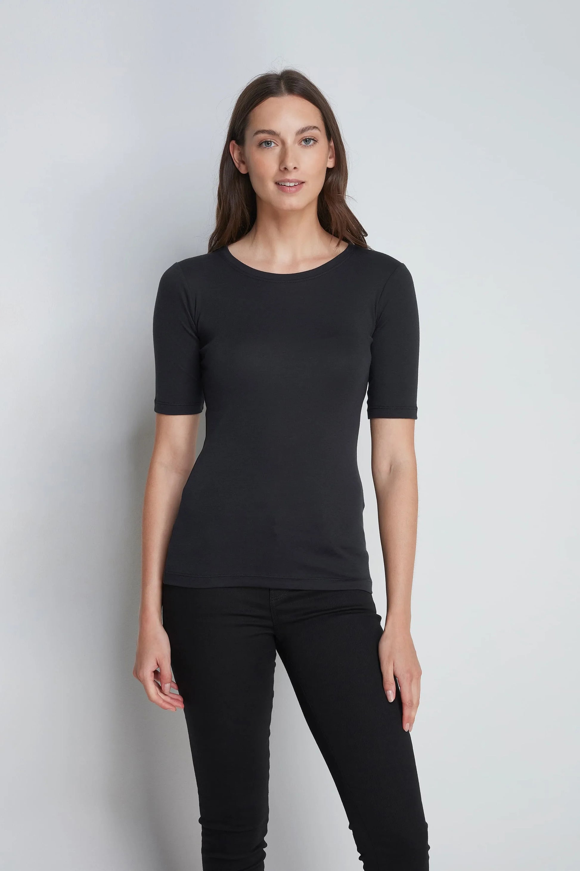 Women's luxurious half sleeve cotton modal blend crew neck t-shirt in UK sizes 8-16, showcasing a premium soft fabric and elegant design, perfect for casual and formal occasions.