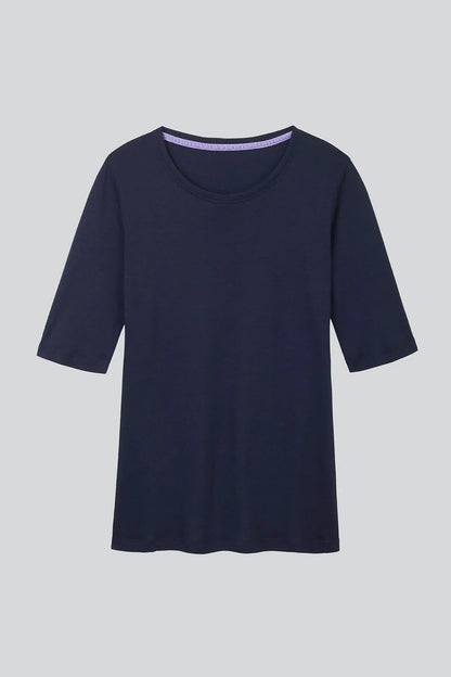 Close-up view of soft and lightweight women’s cotton modal blend crew neck t-shirt, highlighting premium fabric quality and contemporary half sleeve cut.