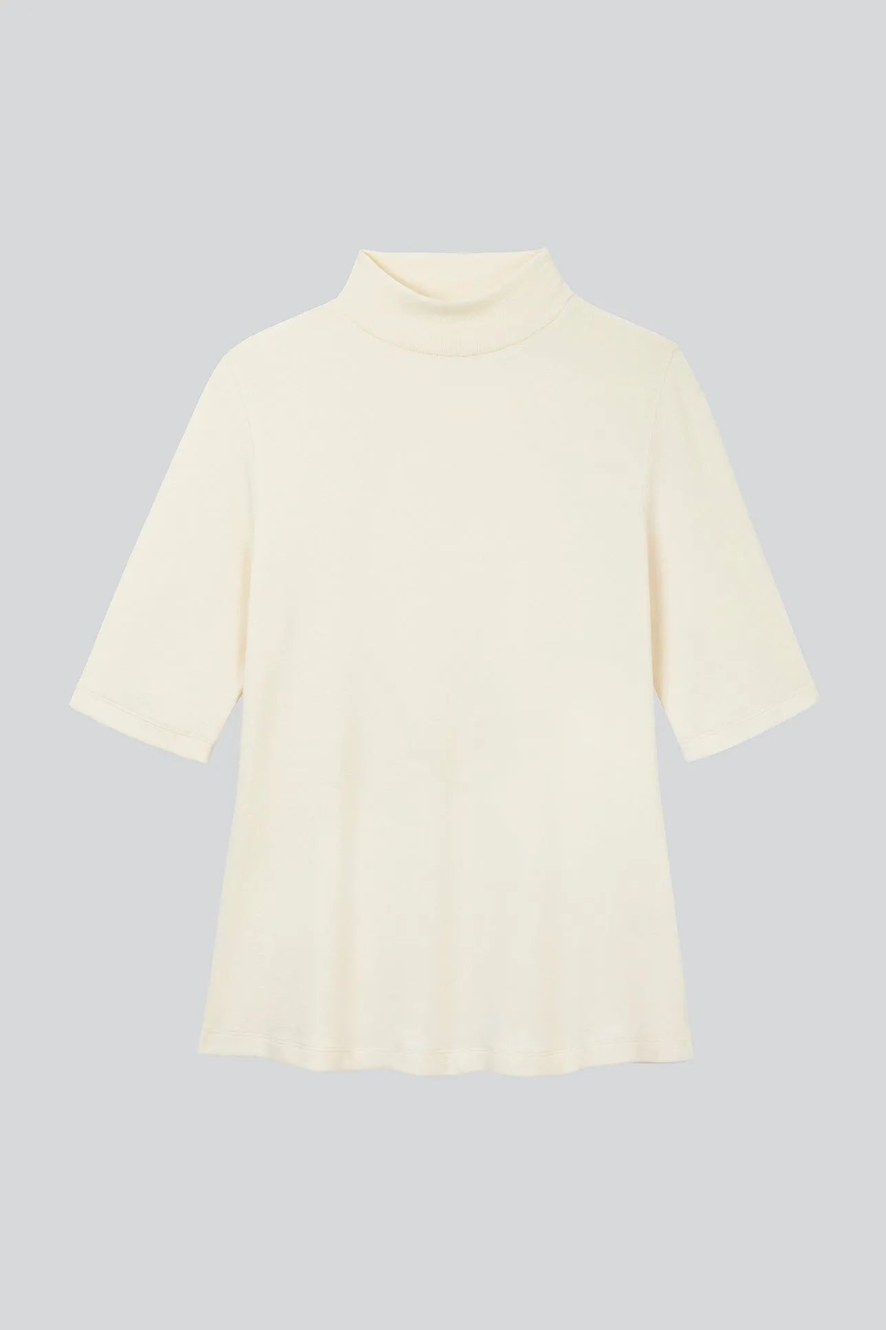 Stylish Women's Mock Neck Micro Modal Top with delicate ribbed design, exemplifying comfort and elegance, suitable for office and casual wear in UK sizes 8-16.
