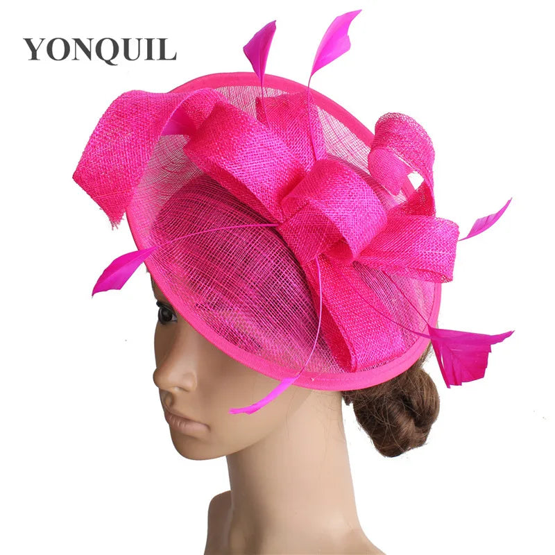 Elegant women’s sinamay chuch hat in cream, adorned with delicate feathers and flowers, perfect for weddings and events.