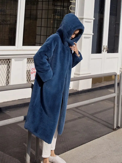 Elegant Women's Luxury Faux Fur Hooded Long Overcoat in rich texture, featuring practical pockets, perfect for a stylish winter wardrobe.
