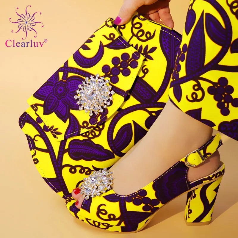 Elegant red African matching shoes and bag set for women, featuring slip-on peep toe sandals adorned with crystals for a luxurious summer style.