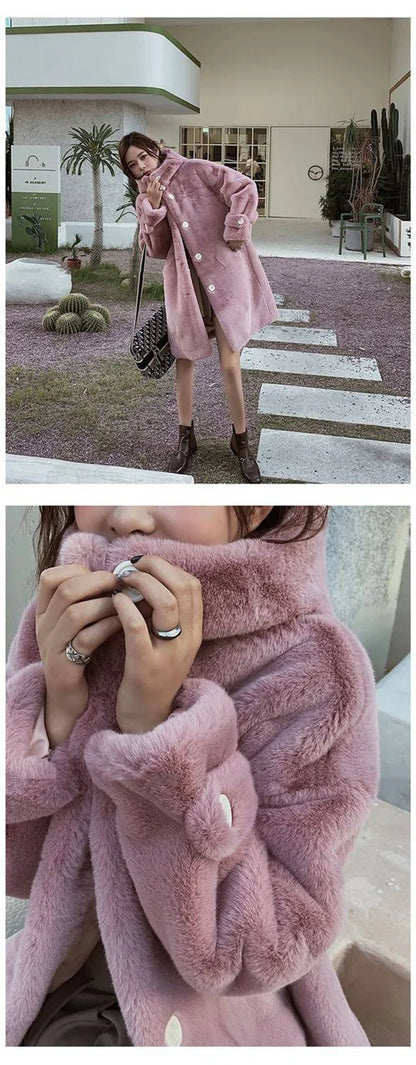 Luxurious women's hooded faux rabbit fur coat in plush texture, perfect for winter warmth and style.