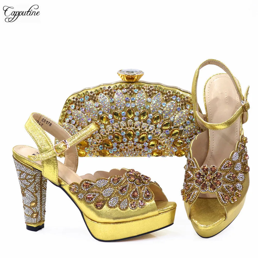 Sophisticated close-up of luxe gold spike heel sandals with crystal details, ideal for glamorous occasions.