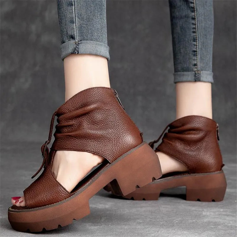 Chic women's vintage gladiator sandals with a square heel, set against a stylish background to highlight their sophistication.