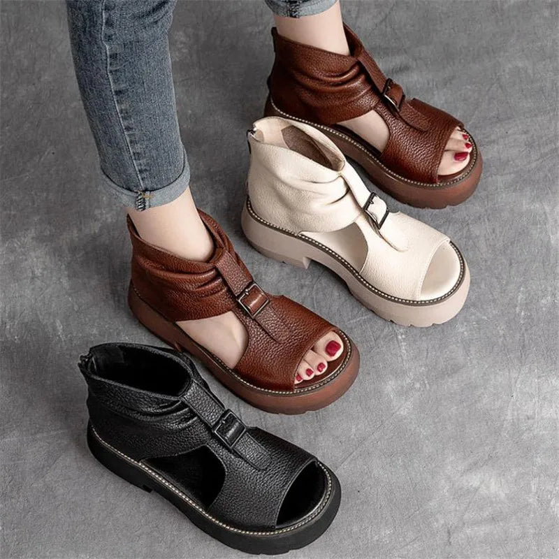 Elegant women's vintage genuine leather gladiator sandals with mid heel and open toe design, available in sizes 35-40.