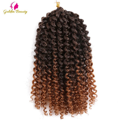 Luxury packaging of Golden Beauty's Afro Kinky Twist Crochet Braids, featuring 60 strands per pack in 8-inch and 12-inch lengths for a premium hair extension experience.