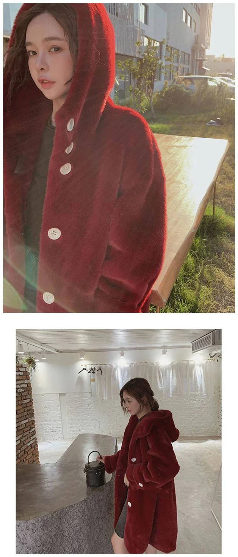 Full-length view of the opulent faux rabbit fur coat, designed for a sophisticated winter look.