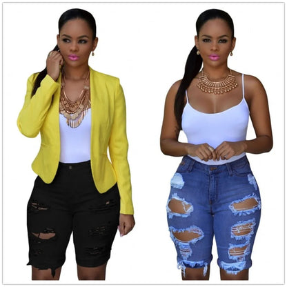 Luxury women’s summer ripped denim shorts in slim fit, made from high quality cotton, designed for ages 18-35, showcasing a casual and stylish look.