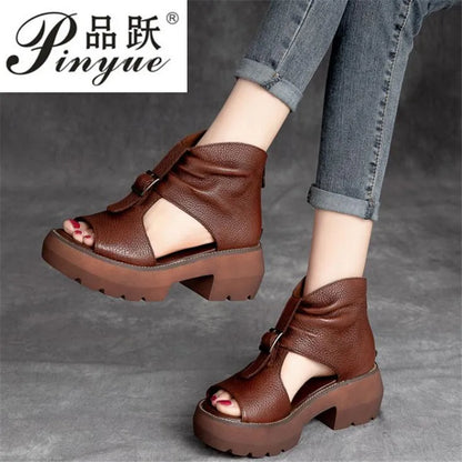 Luxurious women's vintage leather gladiator sandals featuring a mid heel, open toe design in elegant colours, perfect for casual summer outings.