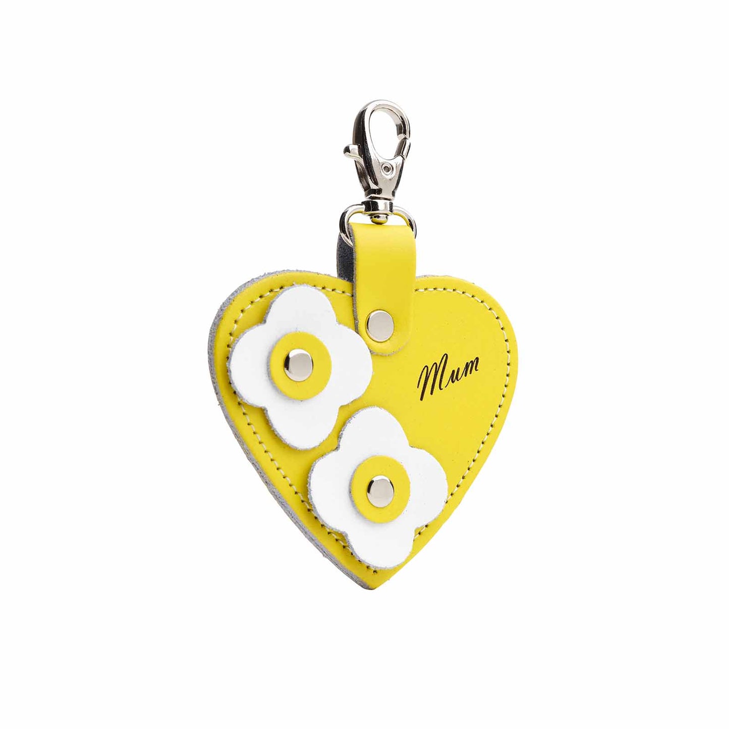 Luxury Pastel Yellow Love Heart Bag Charm with 'Mum' engraving and floral appliques, handcrafted by Zatchels, showcasing premium quality leather in an elegant design.