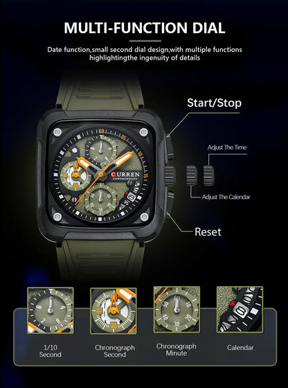 Men's luxury watch displayed in an elegant setting, highlighting its durable silicone band and sophisticated functionalities for the modern gentleman.