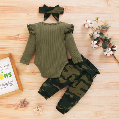 Stylish luxury camouflage outfit for infants, featuring a knitted pullover design, perfect for boys and girls.