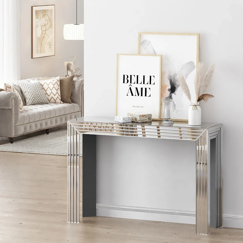 Chic and sophisticated console table made from high-quality mirrored MDF, complementing modern living spaces.