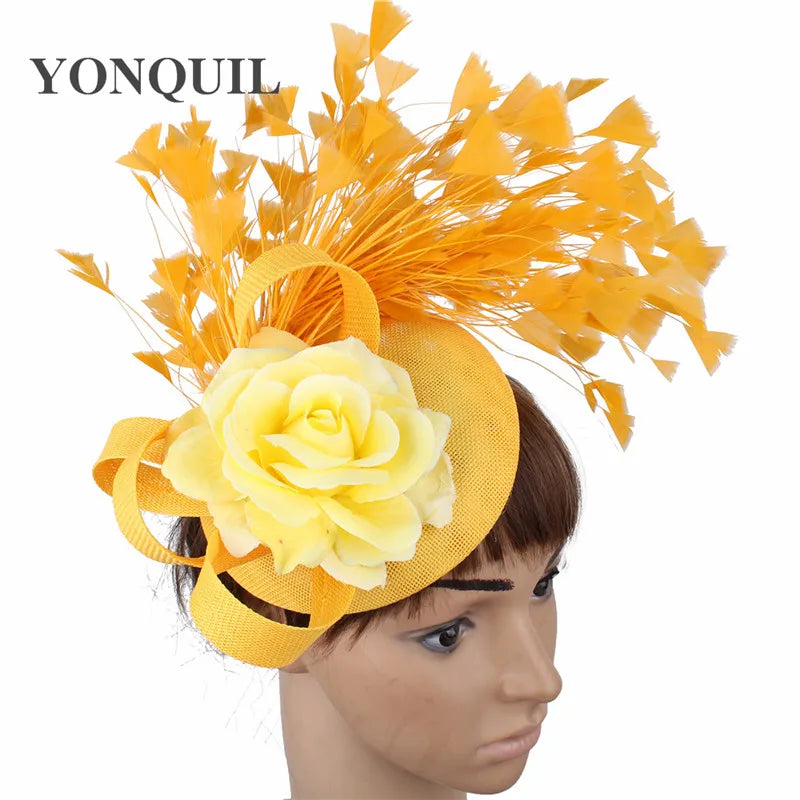 Close-up of luxurious yellow fedora fascinator hat, featuring detailed embellishments, ideal accessory for church events and formal gatherings, blending sophistication with style.