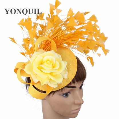 Close-up of luxurious yellow fedora fascinator hat, featuring detailed embellishments, ideal accessory for church events and formal gatherings, blending sophistication with style.