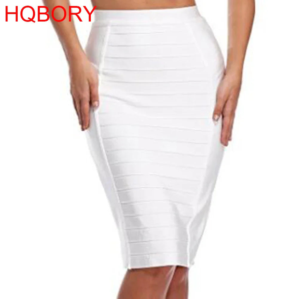 Full view of HQBORY Women’s High Waist Nude Bandage Pencil Skirt styled with elegant accessories, perfect for formal occasions and business meetings.