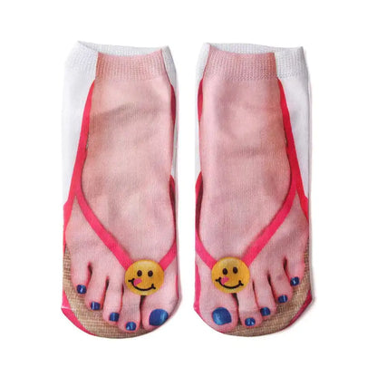 Charming Women's Novelty Gift Super Comfy Manicure Print Socks adorned with a smiling face on the flip-flop design, a delightful addition that elevates casual elegance.