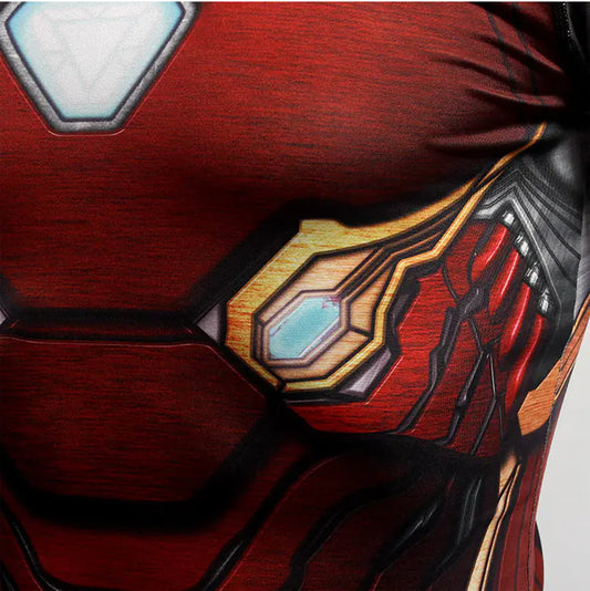 Close-up of the intricate detailing on the red Iron Man Compression T-Shirt, featuring premium fabric and a striking superhero graphic.