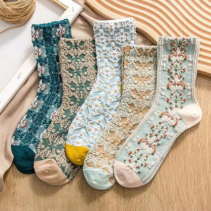 Luxury Women's Vintage Flower Embroidery Socks by Dazzling Dreams Studio, featuring intricate 3D floral designs and elegant lace, perfect for adding sophistication to any outfit.