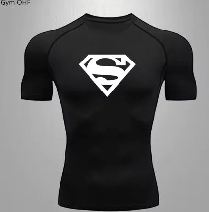 Sophisticated black men's compression T-shirt adorned with a prominent Superman logo, ideal for serious gym enthusiasts and athletes.