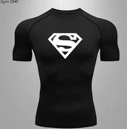 Luxury men's black compression t-shirt featuring a prominent white Superman logo, designed for gym and sports activities.