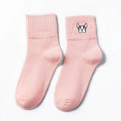 Close-up of pink Cozy Women's Cotton French Bulldog Embroidered Socks, highlighting the adorable French Bulldog design, ideal for lovers of canine charm.