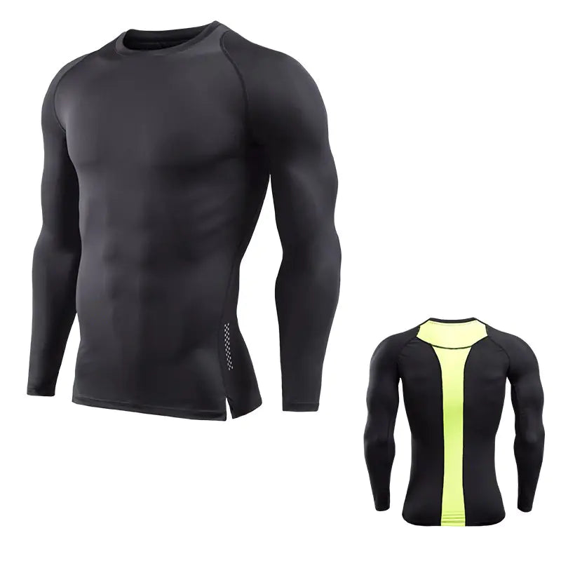 Men's long sleeve compression shirt in black with striking neon accents at the back, ideal for enhancing performance during sports, crafted from breathable moisture-wicking material.