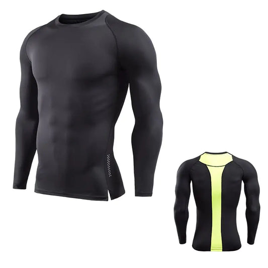 Men's long sleeve compression shirt in black with striking neon accents at the back, ideal for enhancing performance during sports, crafted from breathable moisture-wicking material.