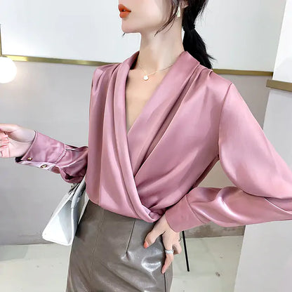 Versatile styling options with Dazzling Dreams Studio Premium Chiffon Satin V-Neck Blouse, paired with tailored trousers for an elevated professional look.