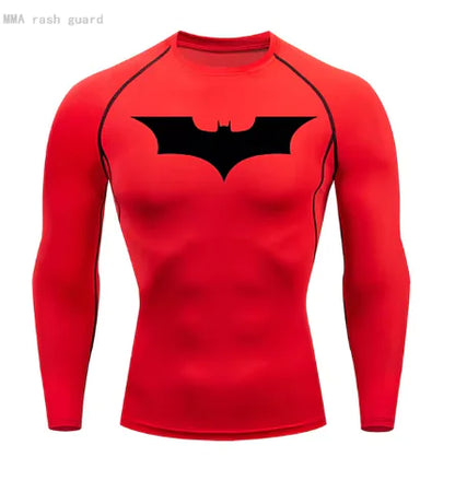 Striking red long sleeve compression shirt featuring the prominent Batman logo, designed for comfort and exceptional sun protection during outdoor activities.