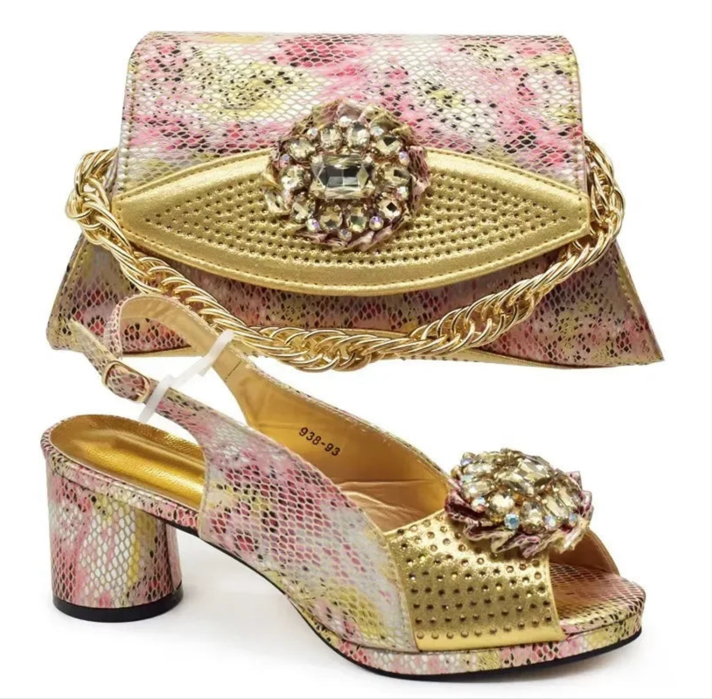 Elegant women’s Italian matching set featuring rhinestone-decorated high heels and handbag in luxurious purple hue, sizes 38-43.