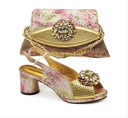 Stylish women's Italian high heels with exquisite rhinestone detailing, paired with a chic handbag, perfect for parties and weddings.