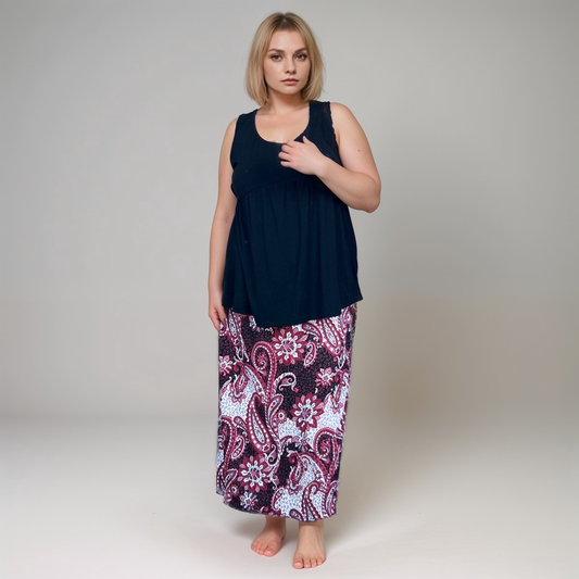 WINE PAISLEY LONG ELASTIC WAIST MAXI SKIRT