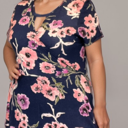 FLORAL SHORT SLEEVE MOCK WRAP SKATER DRESS