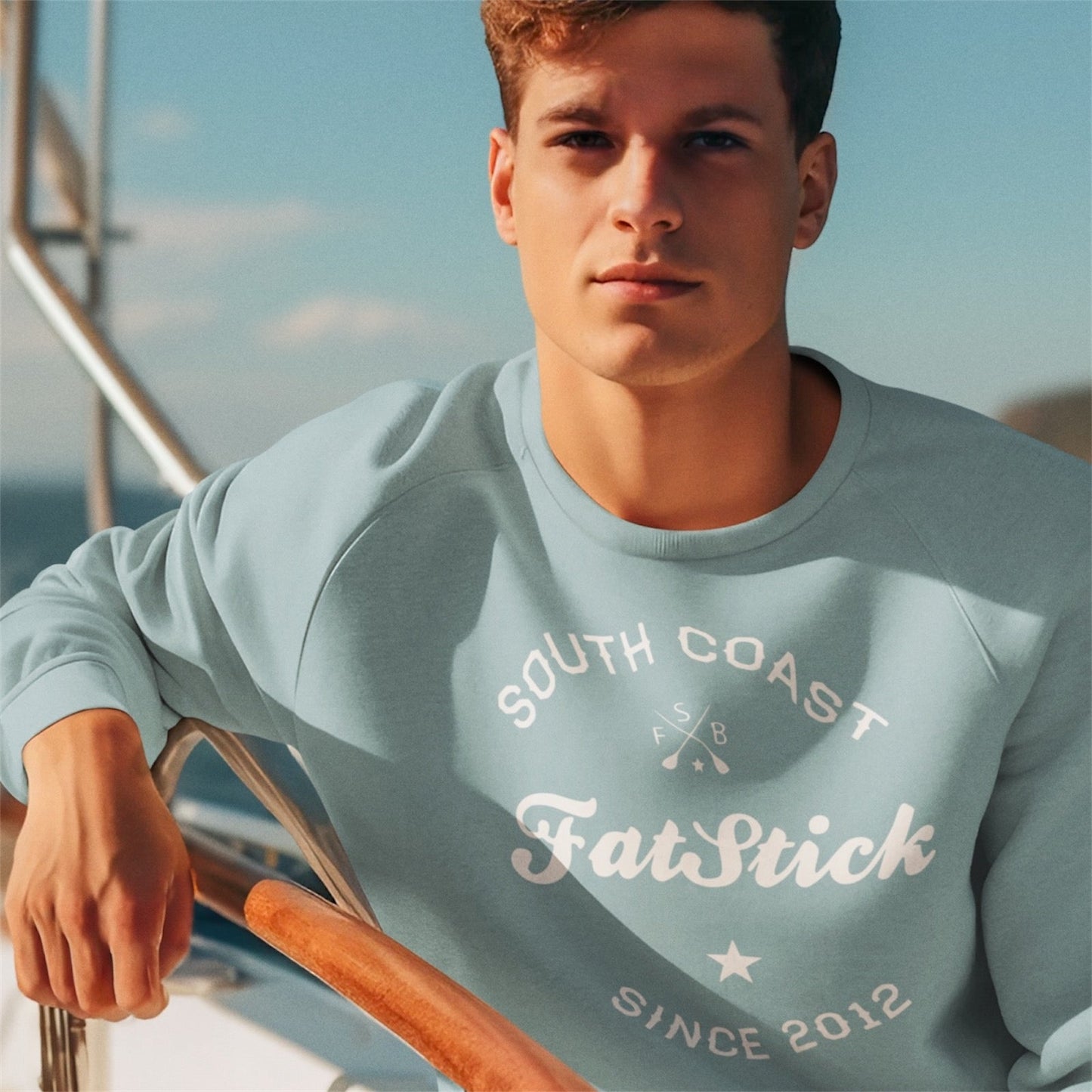 Model wearing the FatStick South Coast Eco-Friendly Lifestyle Sweater, exemplifying relaxed chic in an outdoor setting.