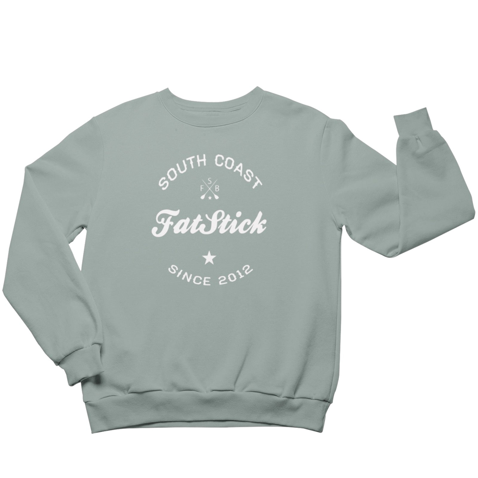 Luxurious FatStick South Coast Eco-Friendly Unisex Lifestyle Sweater in a picturesque outdoor setting, showcasing the stylish flock printed logo.