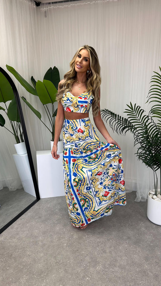 Close-up of the Amalfi Bralette Crop Top showcasing luxurious fabric and intricate print details for chic summer styling.