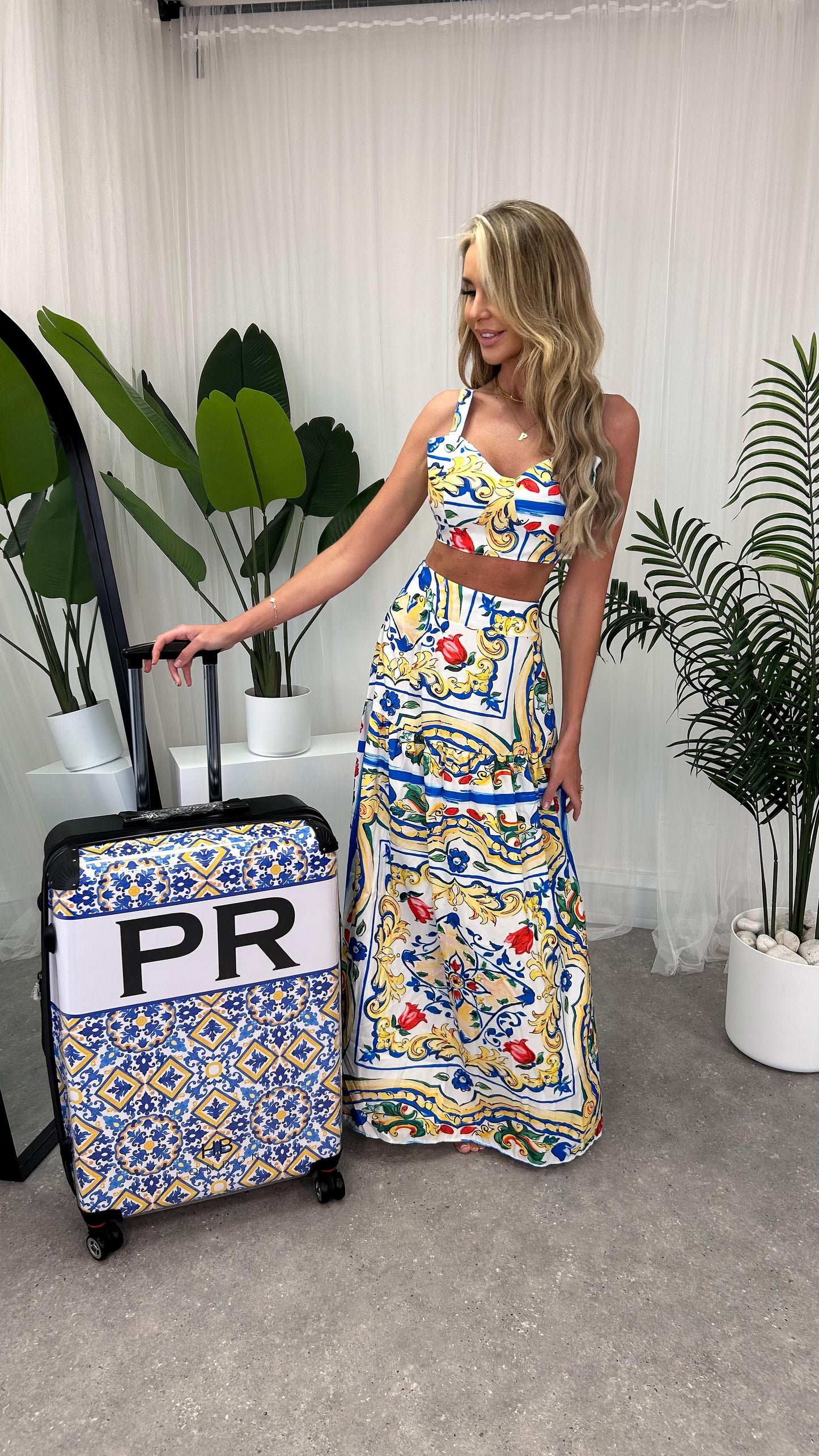 Full view of the Amalfi Maxi Skirt paired with the Bralette Crop Top, embodying a sophisticated and trendy summer outfit.