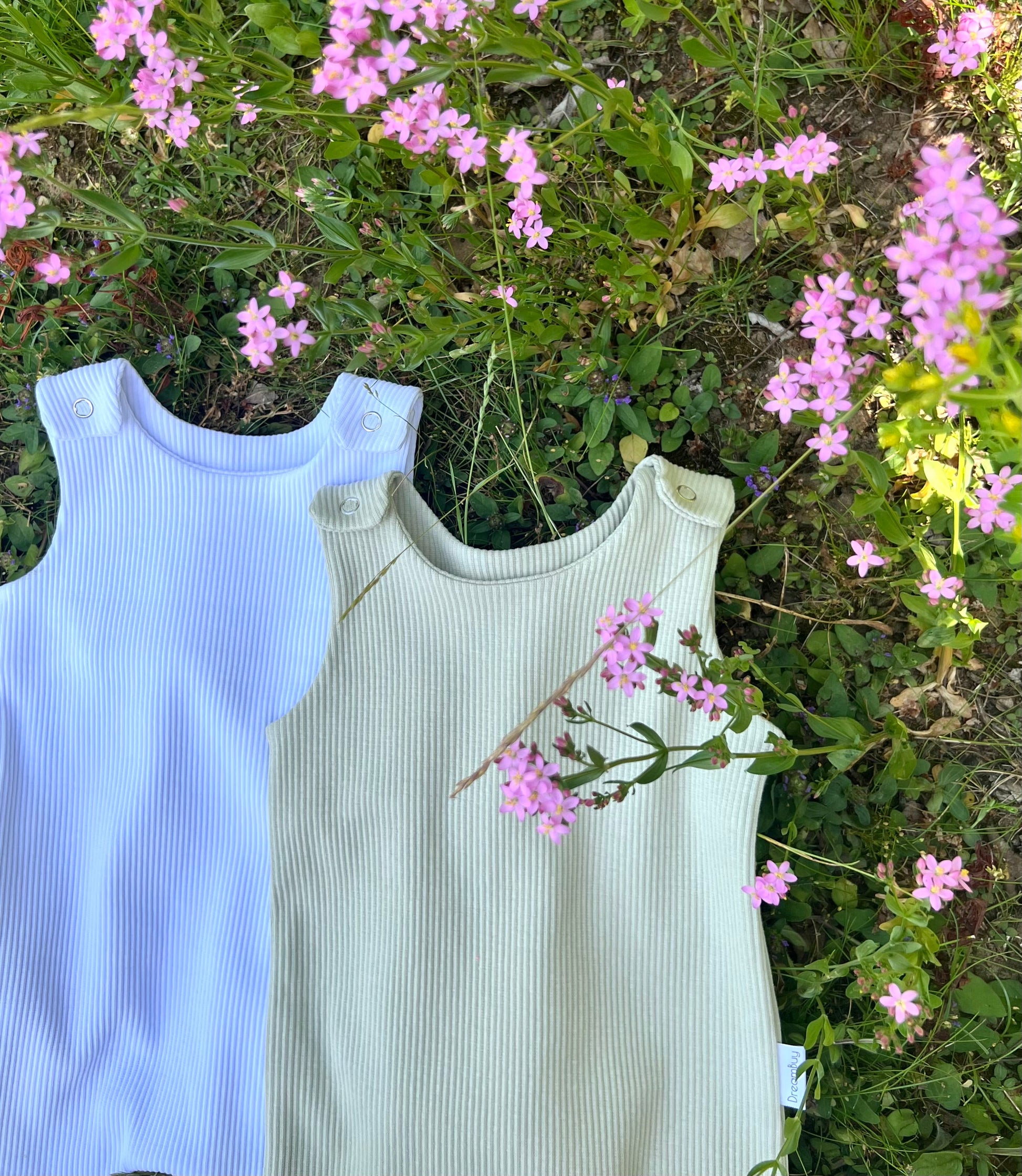 DreamBuy sage green baby dungarees romper, an ideal personalised gift for new parents, blending style and comfort for little ones.