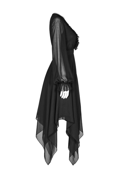 The luxurious handkerchief hemline of the Punk Rave Angelina dress beautifully drapes, enhancing the ethereal silhouette with refined elegance.