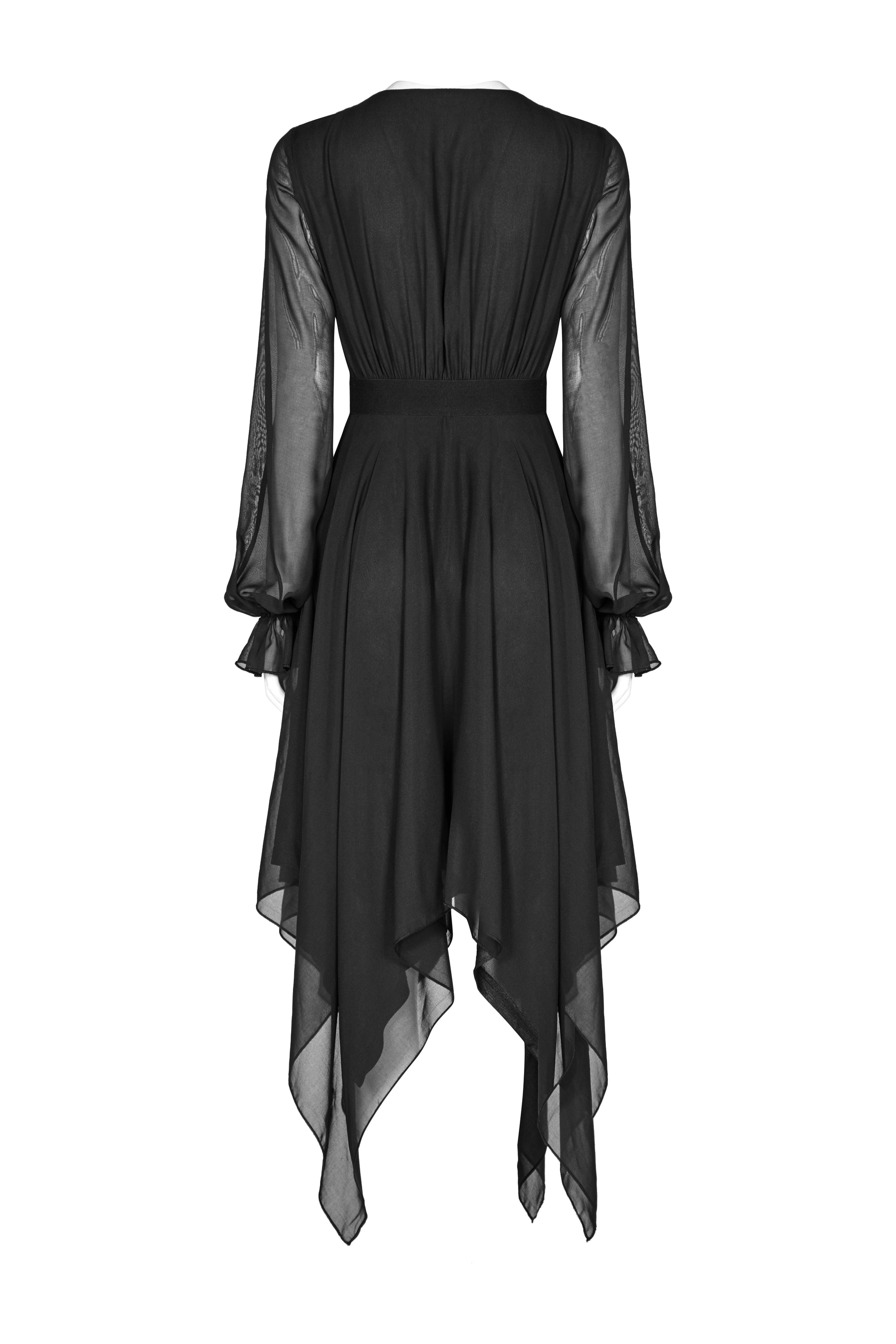Full-length view of the Punk Rave Angelina Gothic dress, highlighting its graceful design and black chiffon fabric, perfect for special occasions.