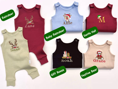 Charming DreamBuy Christmas dungarees for babies, featuring a delightful reindeer embroidery, made for first festive celebrations.