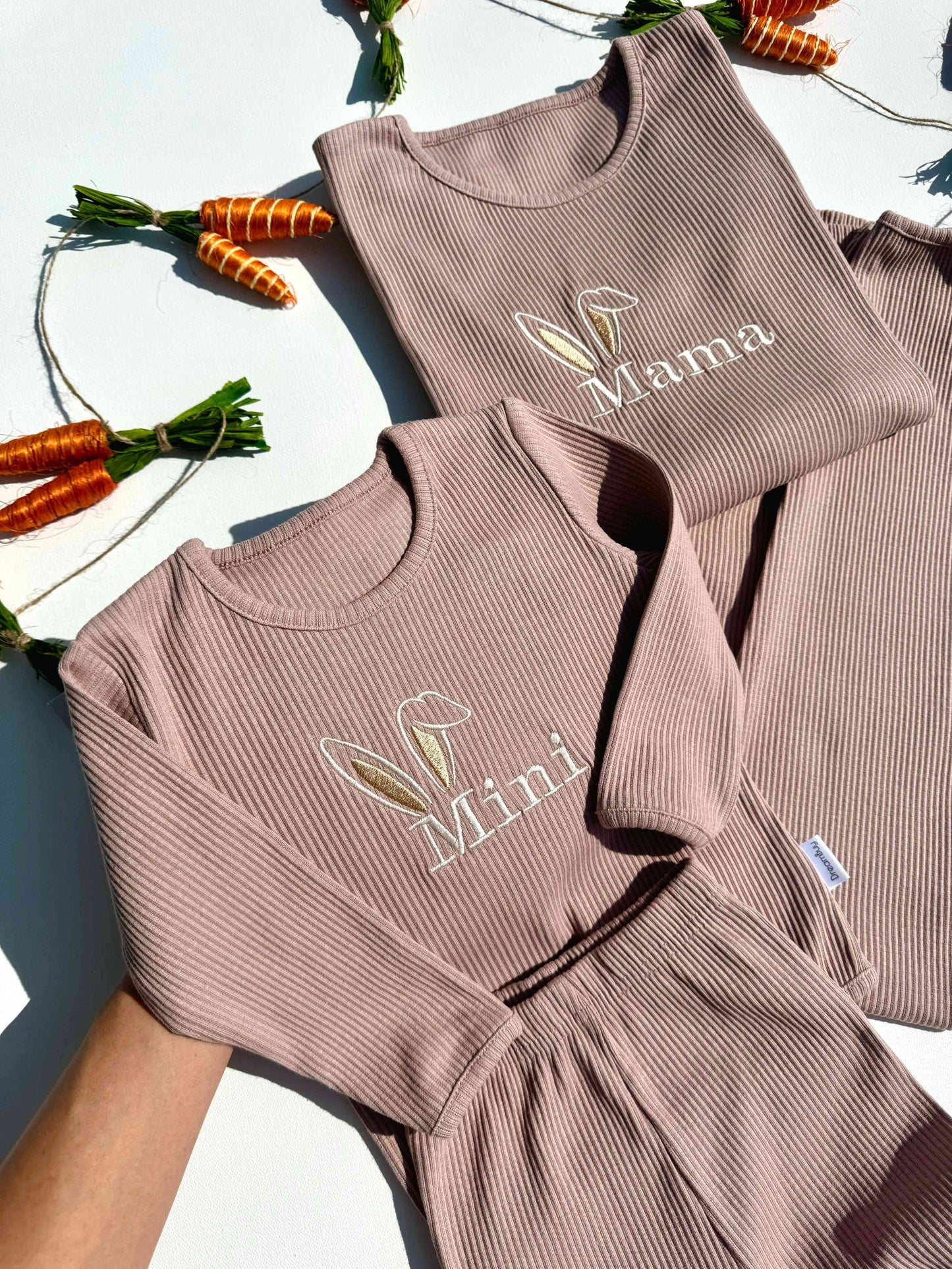 Luxury Easter family matching pajamas set by DreamBuy featuring adorable bunny ears embroidery for a festive look.