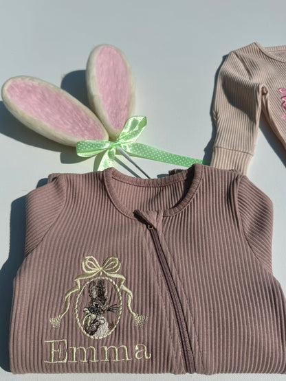 Luxurious personalized Bunny Zip Sleepsuit for babies by DreamBuy, featuring delicate embroidery and soft ribbed fabric, perfect for Easter celebrations.